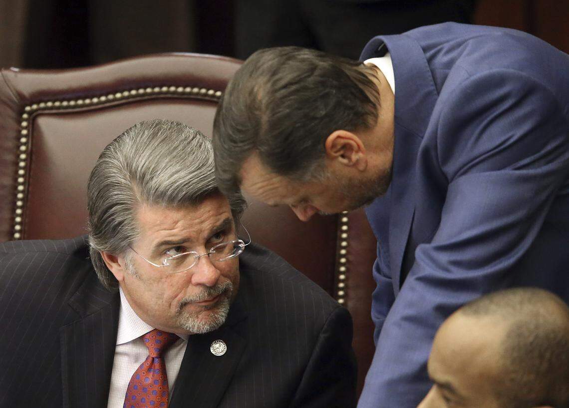 State Sen. Gary Farmer, D-Lighthouse Point, left, is out as the leader of Senate Democrats after a late-session intra-party revolt. Farmer is shown with Sen. Tom Lee, R-Brandon, during a 2019 special session concerning Gov. Ron DeSantis’ dismissal of Broward County Sheriff Scott Israel.