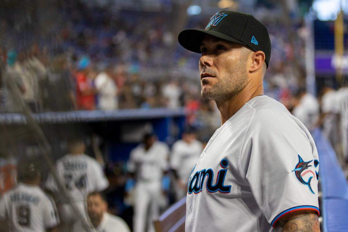Miami Marlins manager Skip Schumaker (55) looks on before the first inning of an MLB game against the New York Mets at LoanDepot Park in Miami, Florida, on Thursday, March 30, 2023.