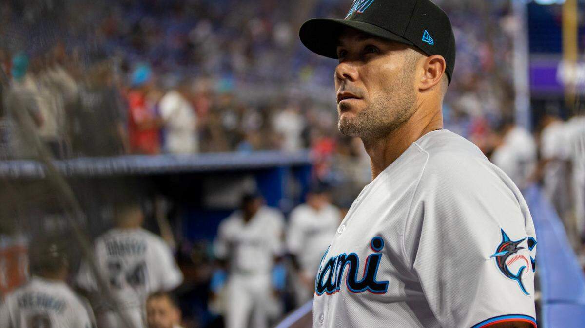 Miami Marlins manager Skip Schumaker (55) looks on before the first inning of an MLB game against the New York Mets at LoanDepot Park in Miami, Florida, on Thursday, March 30, 2023.
