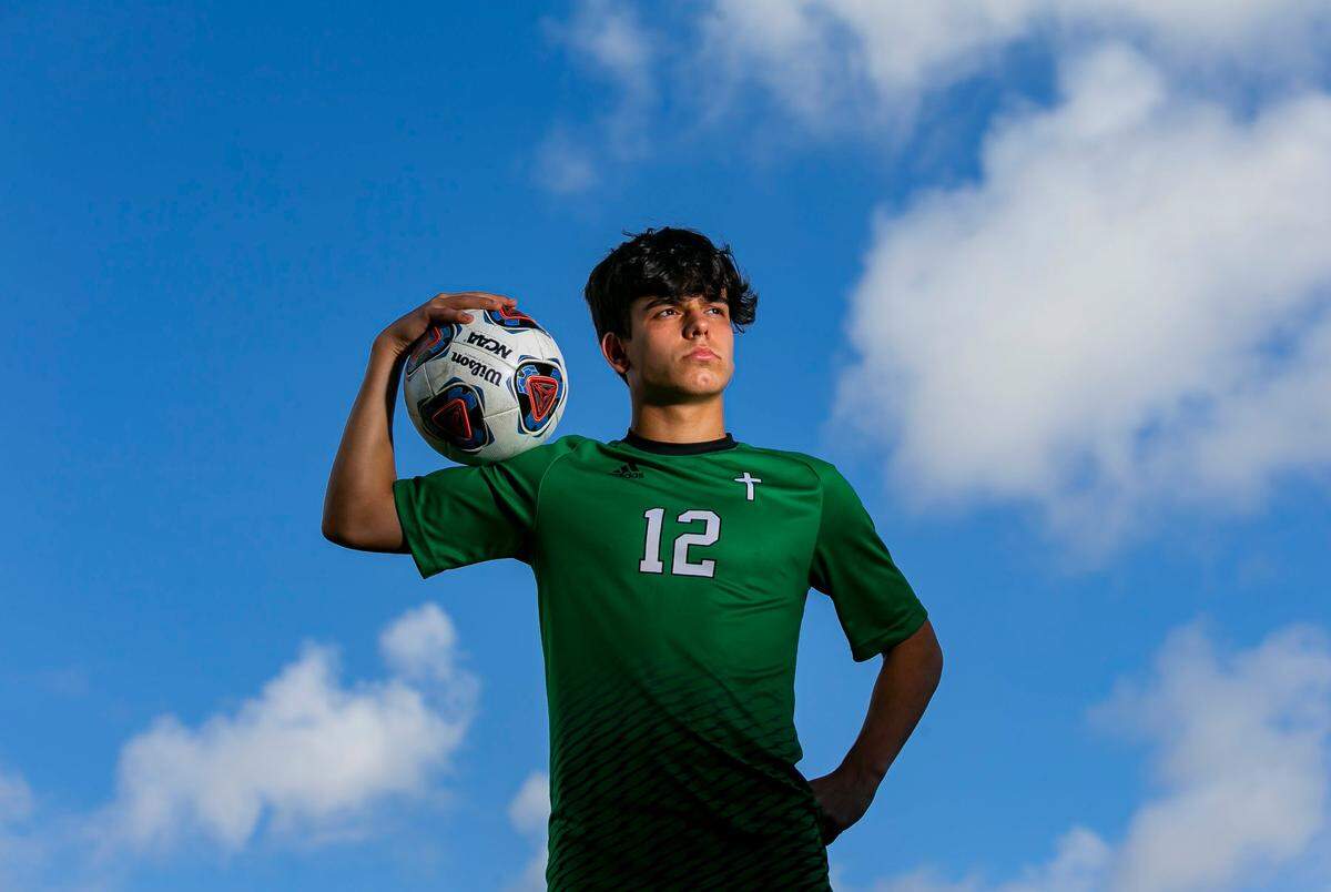 Dade Soccer Small School Player of the Year Alex Rodriguez, from St. Brendan High School, is photographed at A.D. Barnes Park in Miami, Florida on Tuesday, March 8, 2022.