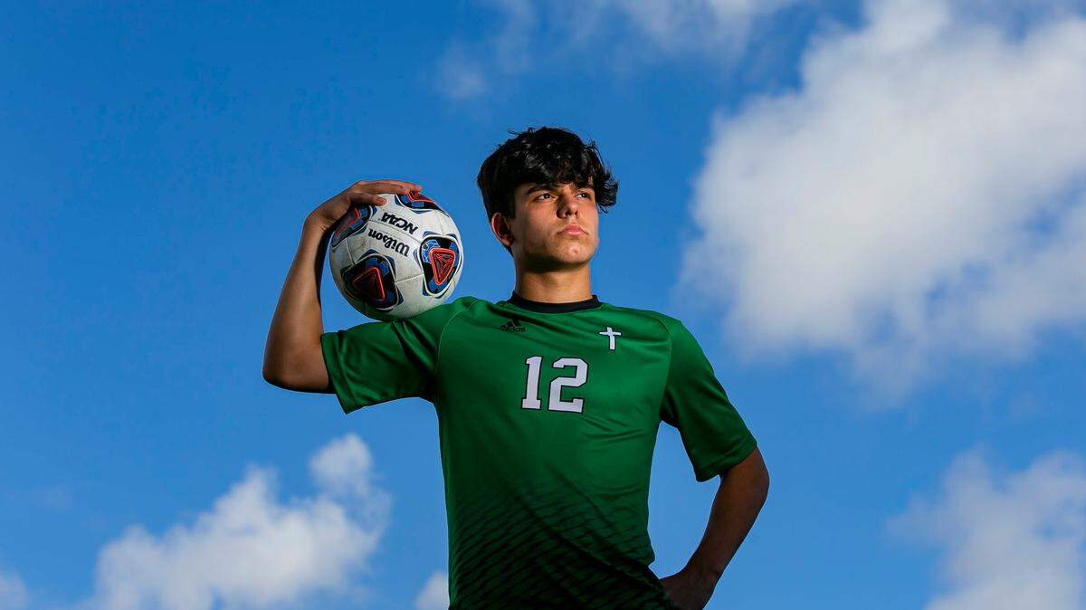 Dade Soccer Small School Player of the Year Alex Rodriguez, from St. Brendan High School, is photographed at A.D. Barnes Park in Miami, Florida on Tuesday, March 8, 2022.