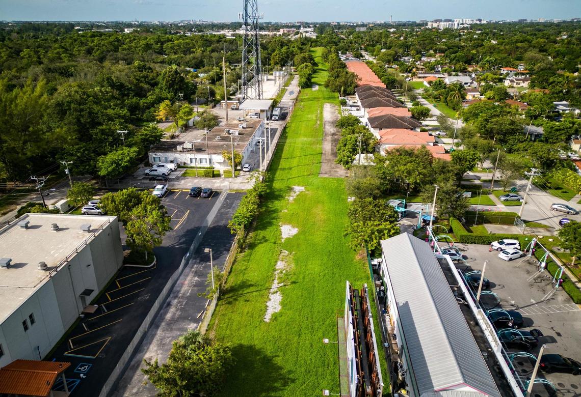 A drone view looking north shows a section of the former railway that will be converted into the Ludlam Trail near the intersection of Coral Way and Southwest 70th Avenue in west Miami-Dade County.