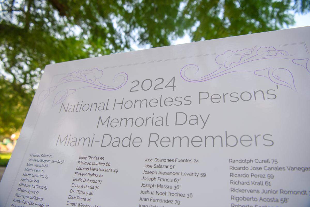 A poster board lists the names and ages of the 197 homeless people who died this year in Miami-Dade County as part of the Homeless Persons’ Memorial Day Vigil on Friday, Dec. 20, 2024, in Miami.