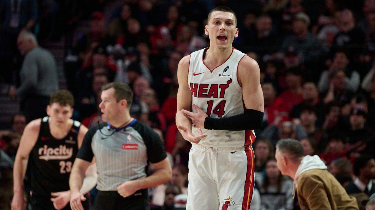 Miami Heat guard Tyler Herro (14) reacts after making a three point basket during the first half against the Portland Trail Blazers at Moda Center.