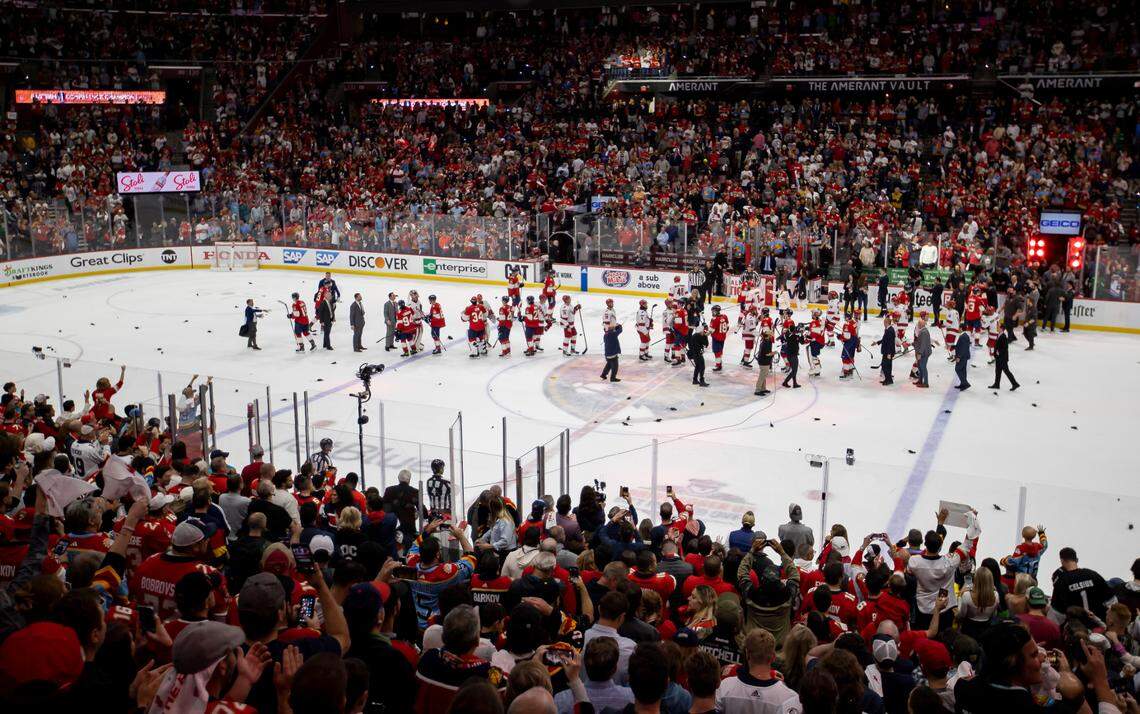 Players from the Florida Panthers shake hands with players from the Carolina Hurricanes after they defeated them 4 to 3 in Game 4 of the NHL Stanley Cup Eastern Conference finals series at the FLA Live Arena on Wednesday, May 24, 2023 in Sunrise, Fla.