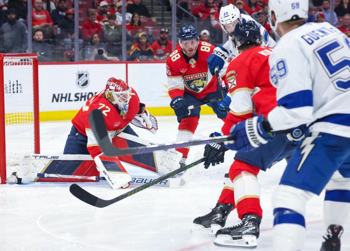 Florida Panthers goaltender Sergei Bobrovsky (72) blocks a shot on goal during the second period of a game against the Tampa Bay Lightning on Monday, March 3, 2025, at Amerant Bank Arena in Sunrise, Fla.