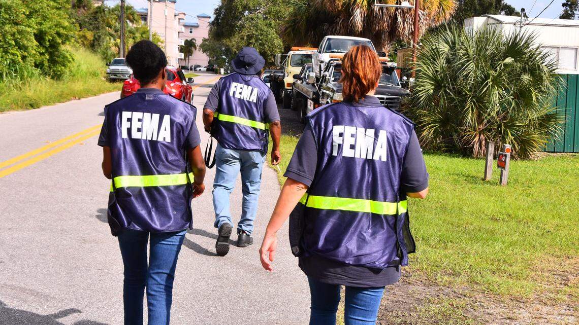 In October 2022, after Hurricane Ian struck, FEMA workers canvass neighborhoods on Florida’s Merritt Island, talking to residents in flooded areas.
