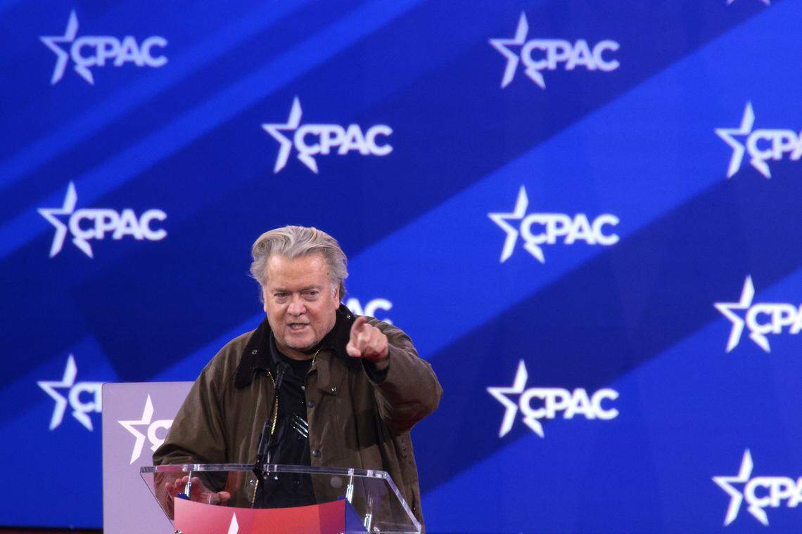 OXON HILL, MARYLAND - FEBRUARY 20: Steve Bannon, media personality and political strategist, speaks at the Conservative Political Action Conference (CPAC) at the Gaylord National Resort Hotel And Convention Center on February 20, 2025 in Oxon Hill, Maryland. The annual four-day gathering brings together conservative U.S. lawmakers, international leaders, media personalities and businessmen to discuss and champion conservative ideas. (Photo by Alex Wong/Getty Images)