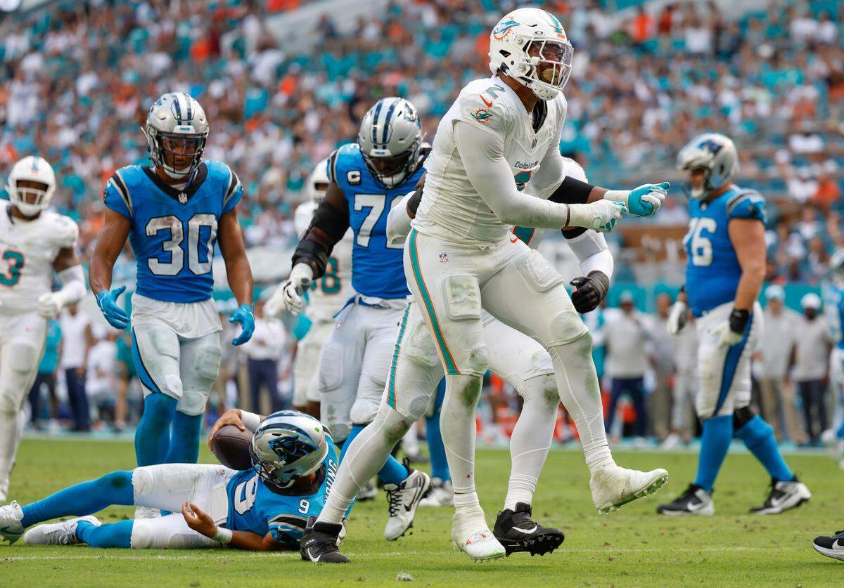 Miami Dolphins linebacker Bradley Chubb (2) reacts after sacking Carolina Panthers quarterback Bryce Young (9) in the fourth quarter at Hard Rock Stadium in Miami Gardens on Sunday, October 15, 2023.
