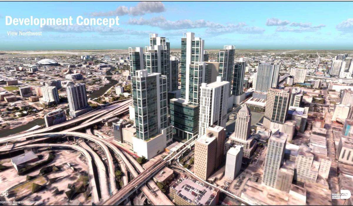 A Miami-Dade County conceptual rendering depicts how a private developer might create a new transit-focused, high-rise residential, civic and commercial neighborhood on public land surrounding downtown’s Stephen P. Clark Government Center.