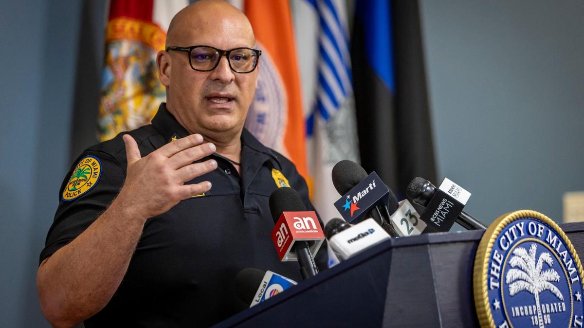 Miami, Florida, October 30, 2024 - City of Miami Police Chief Manuel Morales speaks to reporters during a Media Briefing in the Miami Police Central Station Lobby (400 NW 2 Ave) to announce the arrest of Damian Valdez-Galloso in New York in connection with the shooting death of El Taiger.