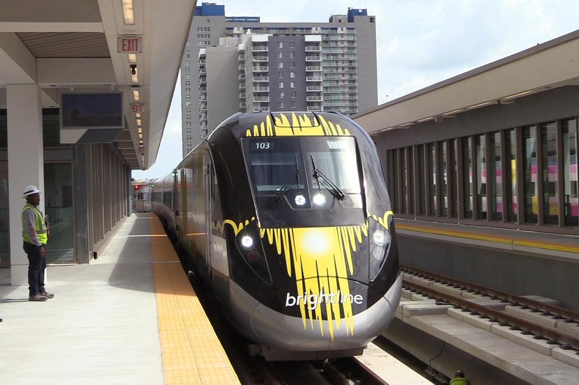 A Brightline train arrives at the MiamiCentral station in Overtown.