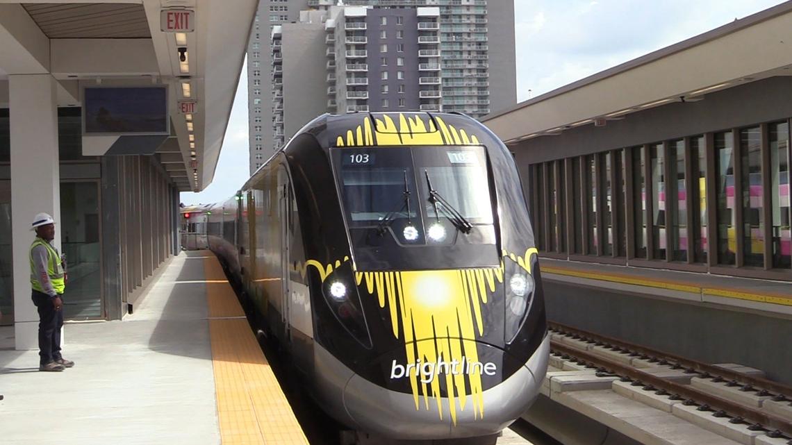 A Brightline train arrives at the MiamiCentral station in Overtown.