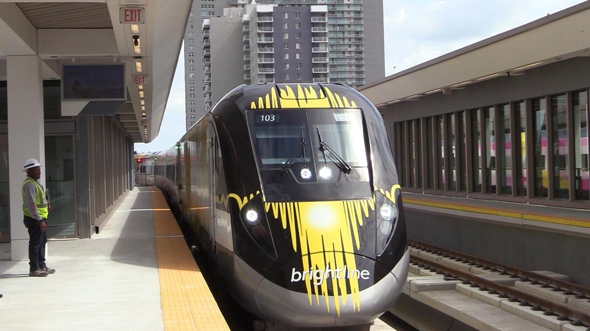 A Brightline train arrives at the MiamiCentral station in Overtown.