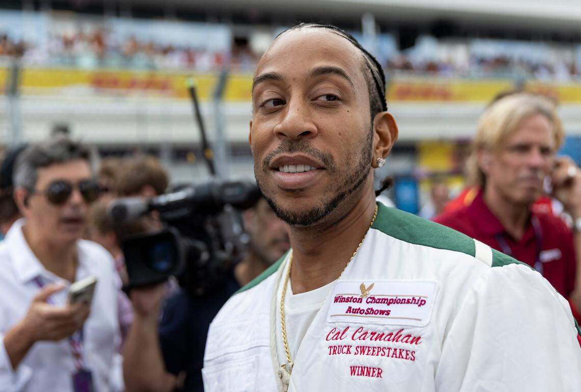 American rapper Ludacris is seen at the grid before the start of the Formula One Miami Grand Prix at the Miami International Autodrome on Sunday, May 7, 2023, in Miami Gardens, Fla.