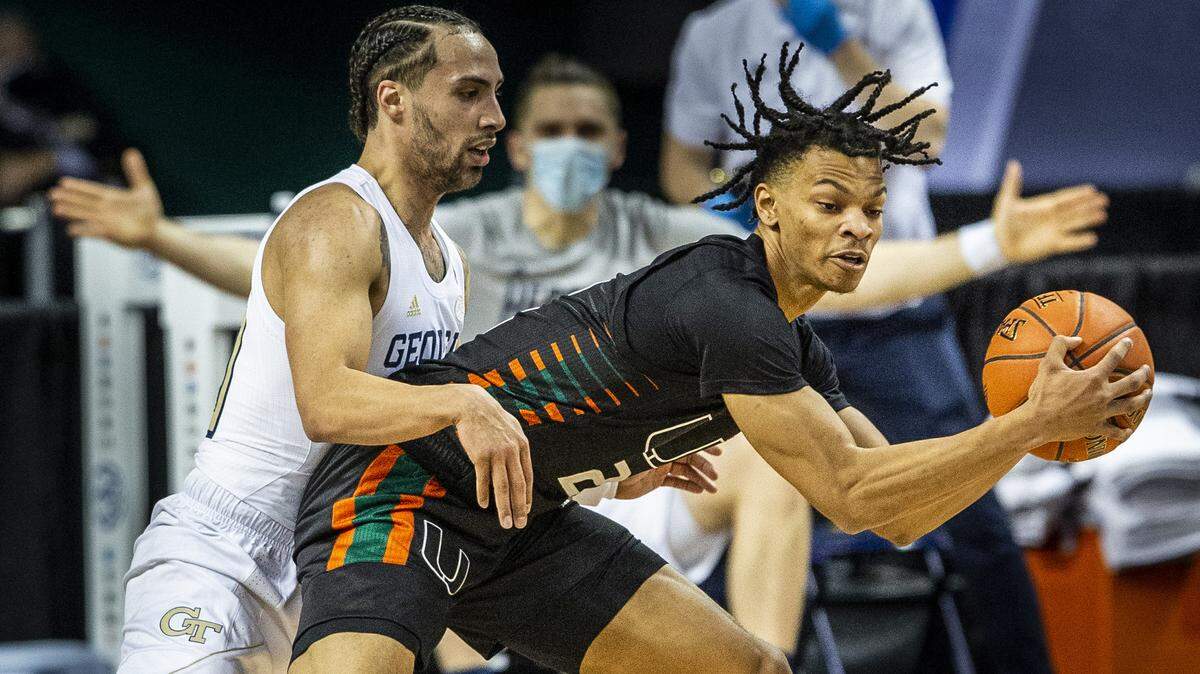 UM guard Isaiah Wong (with ball), shown during the Hurricanes 70-66 loss to Georgia Tech in the ACC tournament quarterfinals on Mar. 11, 2021, will remain at UM after taking his name out of the NBA Draft.