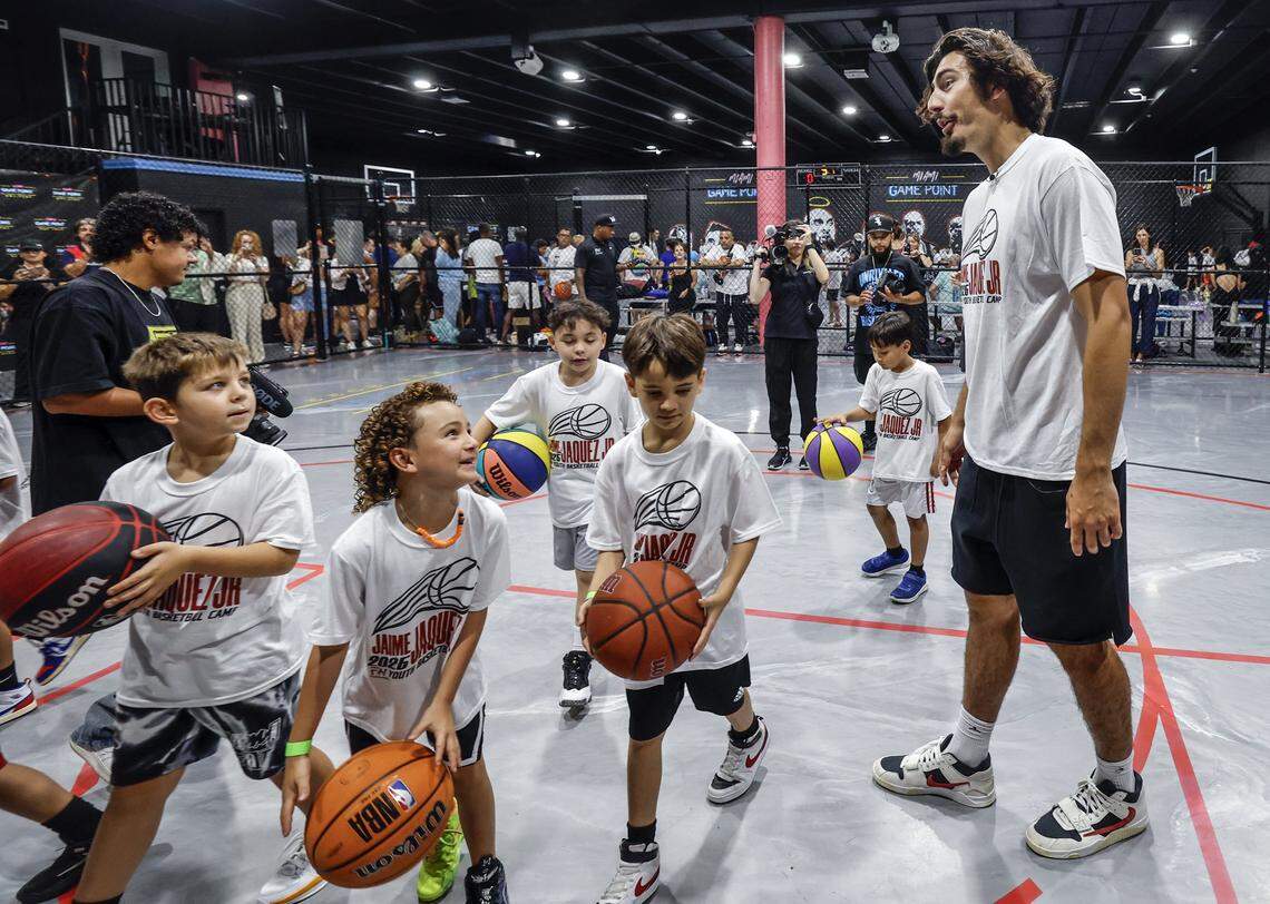 Miami Heat forward Jaime Jaquez Jr. works with the youth at his basketball camp at Game Point Miami, in Hialeah, Florida, on Saturday, August 16, 2025. 