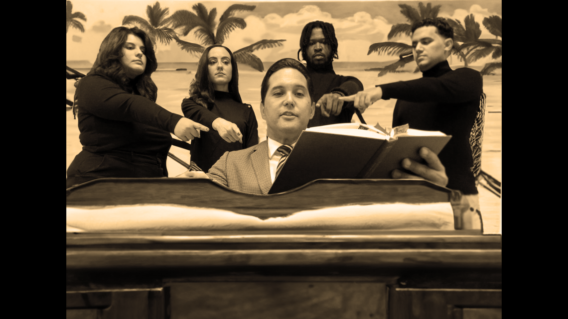 Five actors in the latest What if Works production will depict the life and legacy of George E. Merrick. From left, they are Shadya Muvdi, Vicky Smith, Kyran Wright, and Dayron Leon with Charles Sothers in front as Merrick.