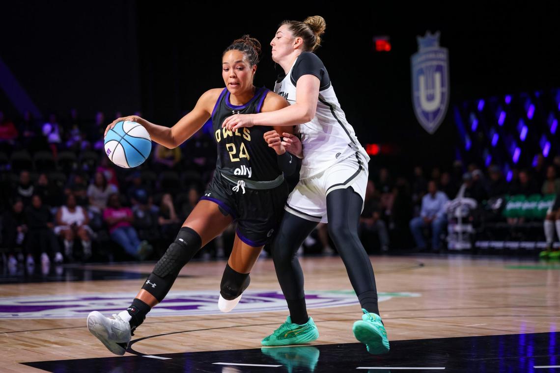 Lunar Owls BC’s Napheesa Collier (24) dribbles around Phantom BC’s Katie Lou Samuelson (33) during the 1-on-1 tournament for Unrivaled, a women’s pro basketball league that launched this season in Miami, on Monday, Feb. 10, 2025, at Wayfair Arena in Medley, Florida.