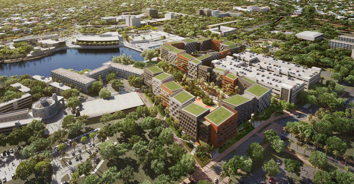 An architectural rendering shows a 1,100-bed student housing complex consisting of 25 interconnected buildings at the University of Miami. The complex, now under construction, is scheduled to open in 2020.
