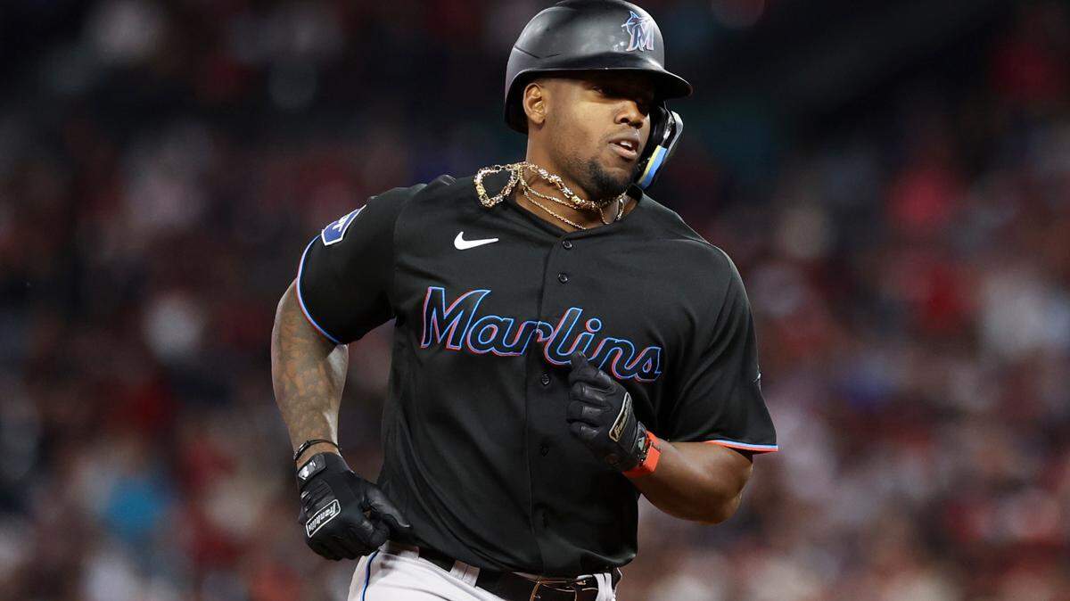 May 27, 2023; Anaheim, California, USA; Miami Marlins designated hitter Jorge Soler (12) runs the bases after hitting a home run to score Miami Marlins center fielder Jonathan Davis (49) (not pictured) during the seventh inning of a baseball game against the Los Angeles Angels at Angel Stadium. Mandatory Credit: Jessica Alcheh-USA TODAY Sports