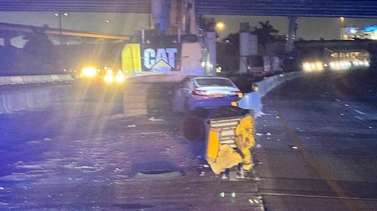 A driver in a white Honda veered odd the roadway and crashed into a center median with an excavator on I-95 north near Golden Glades on Wednesday morning.