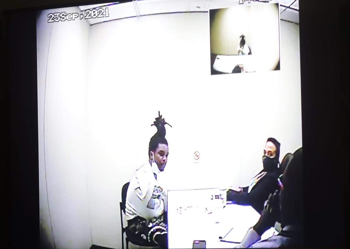Devonte Barnes, the accused lookout for the mass shooting at El Mula banquet hall in May 2021, is shown during his confession at Miami-Dade police headquarters.