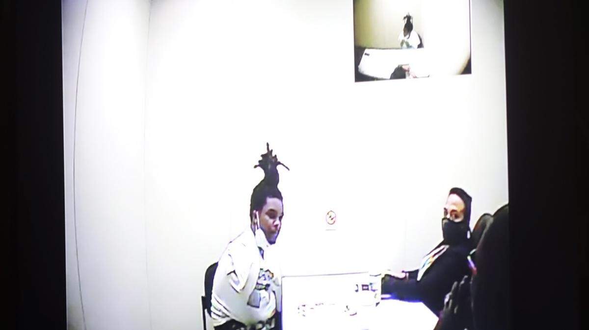Davonte Barnes, the accused lookout for the mass shooting at El Mula banquet hall in May 2021, is shown during his confession at Miami-Dade police headquarters.