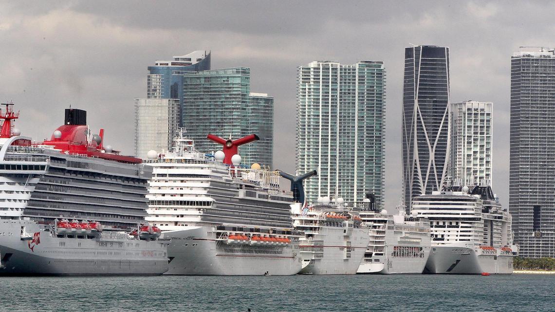 Cruise ships line up at PortMiami on Tuesday, March 17, 2020, amid the COVID-19 pandemic.