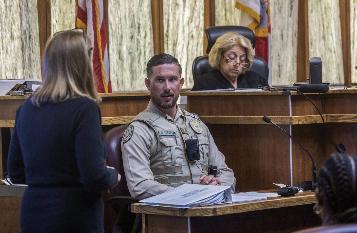 Miami Dade State Attorney Prosecutor Laura Adams cross examines Investigator William Thompson with the Florida Fish and Wildlife Conservation Commission (FWC) during a motion hearing of defendant George Pino, who is facing vessel homicide charges related to the 2022 boat crash that killed Luciana, an Our Lady of Lourdes Academy student, in front of Judge Marisa Tinkler Mendez at Courtroom 4-6, in the Richard E. Gerstein Justice Building, on Wednesday, May 27, 2026.