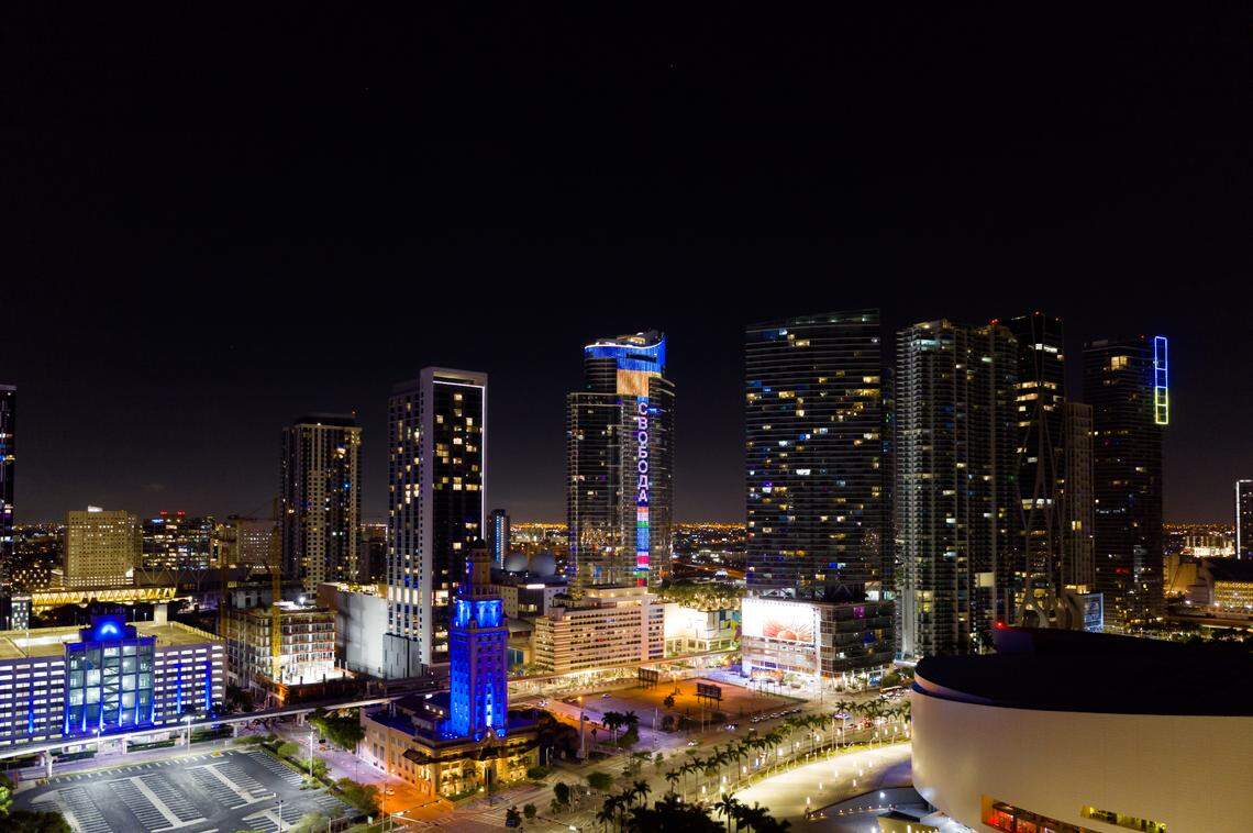 Billed as “the world’s tallest digital Ukrainian flag” and “enormous electronic message of freedom” the 60-story Paramount Miami Worldcenter skyscraper in downtown Miami lights its new messages of solidarity with Ukraine on March 5 to March 15. 1, 2022.