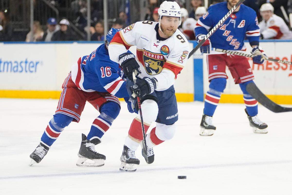Florida Panthers’ Sam Bennett (9) during the first period of an NHL hockey game against the New York Rangers Monday, Jan. 23, 2023, in New York. (AP Photo/Frank Franklin II)