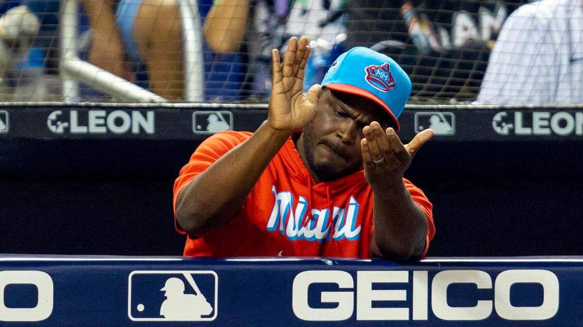 Miami Marlins acting manager James Rowson reacts to a play during the third inning of an MLB game against the New York Yankees at loanDepot park in the Little Havana neighborhood of Miami, Florida, on Saturday, July 31, 2021.