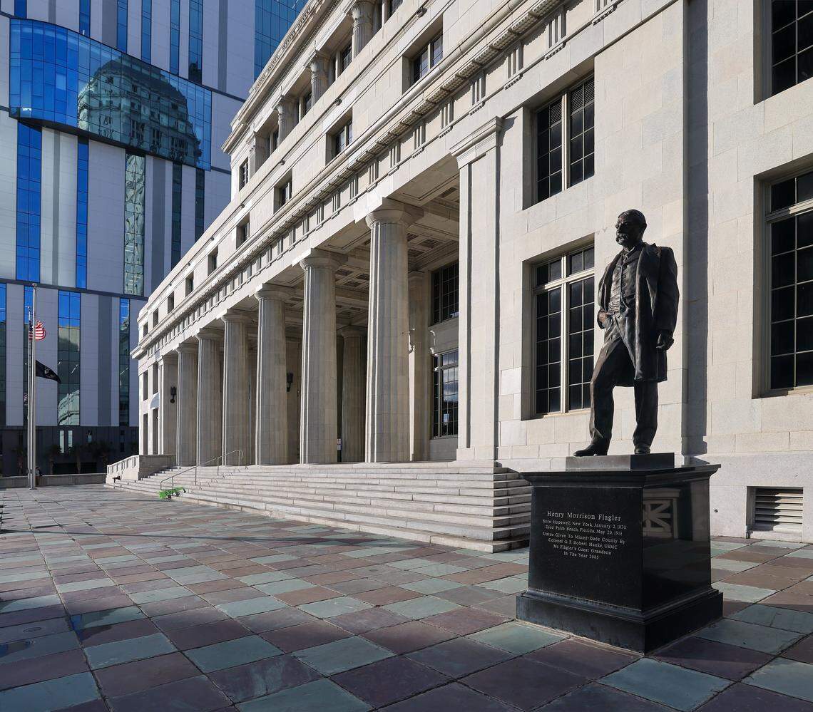The reflection of the historic Dade County Courthouse is viewed on the glass windows of the new Osvaldo N. Soto Miami-Dade Justice Center, which replaced it on Wednesday, January 14, 2026, in Miami, Florida. The Dade County Courthouse is significant as an excellent example of Neo-Classical architecture. The detailing of the remaining historic interior spaces and features continue to reflect this distinctive style and contributes to a more complete understanding of the historic character of the Courthouse.