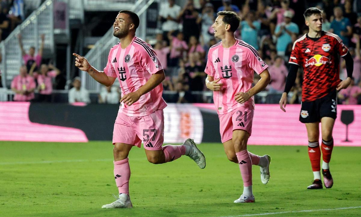 Inter Miami CF’s Marcelo Weigandt (57) celebrates after scoring against New York Red Bulls at Chase Stadium in Fort Lauderdale, Florida on Saturday, May 3, 2025.