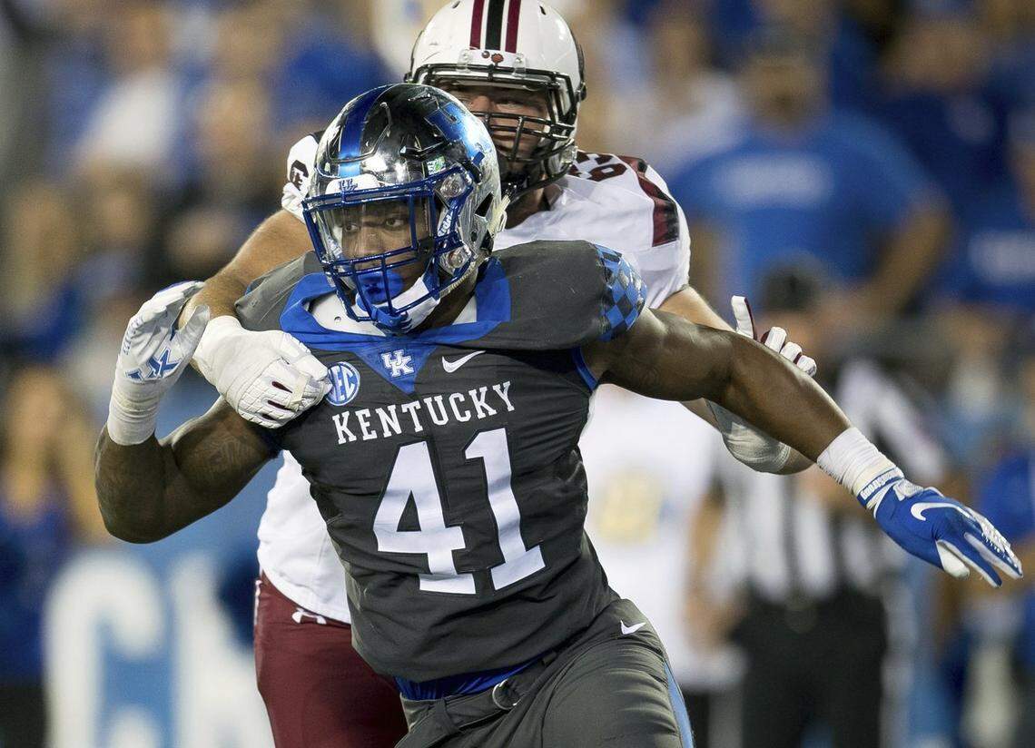 Kentucky linebacker Josh Allen (41) rushes against South Carolina during the second half of an NCAA college football game, in Lexington, Ky. Allen is a possible pick in the 2019 NFL Draft.
