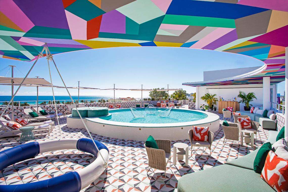 The shallow pool area on the eighth floor of the Moxy Miami South Beach hotel.