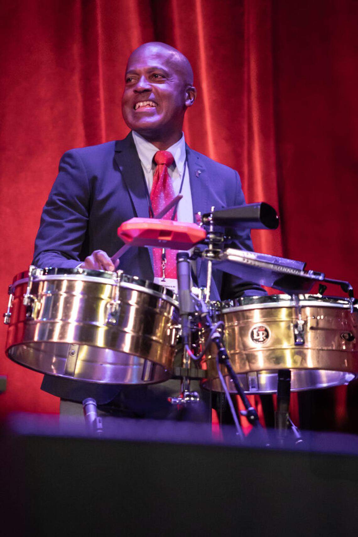 Antonio Remigio Rubio Borayo accompanies the band on timbales and percussion, shown here at a performance at the Town Hall in New York City in September of 2024.