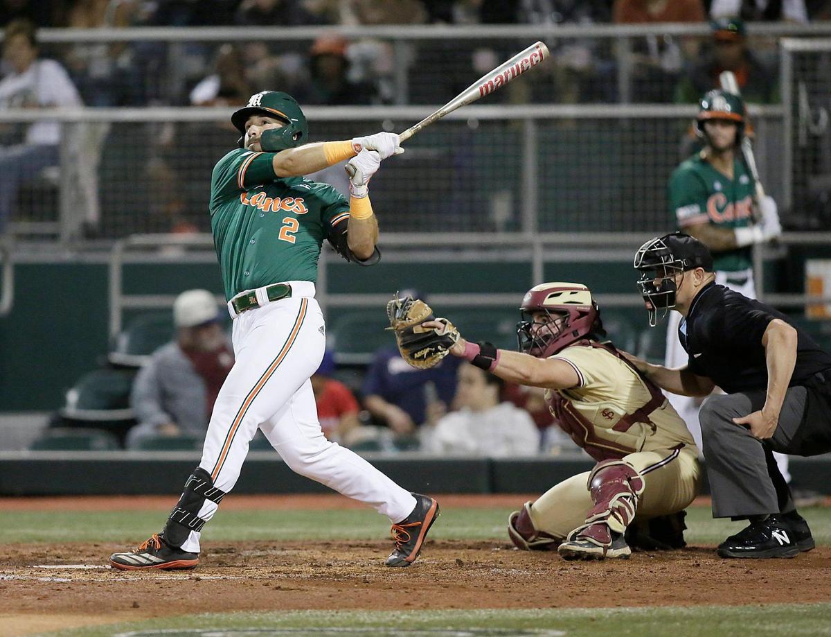 Miami Hurricanes outfielder Derek Williams (2) bats in the third inning of the baseball game against Florida State Seminoles on Saturday, March 22, 2025 at Alex Rodriguez Park at Mark Field in Coral Gables. Andrew Uloza / for Miami Herald