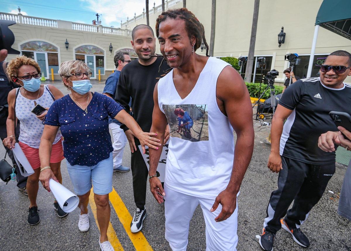 Cuban singer and actor, Yotuel arrives at Versailles Restaurant for the Gente de Zona concert in Miami on Wednesday, July 14, 2021.