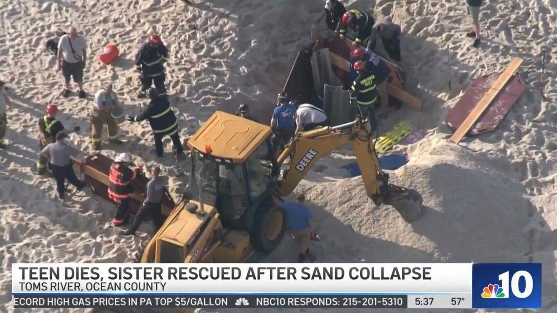 Sand collapsed on teenage siblings while they were digging a hole on a New Jersey beach, police said. It trapped the pair, and the brother died as a result.