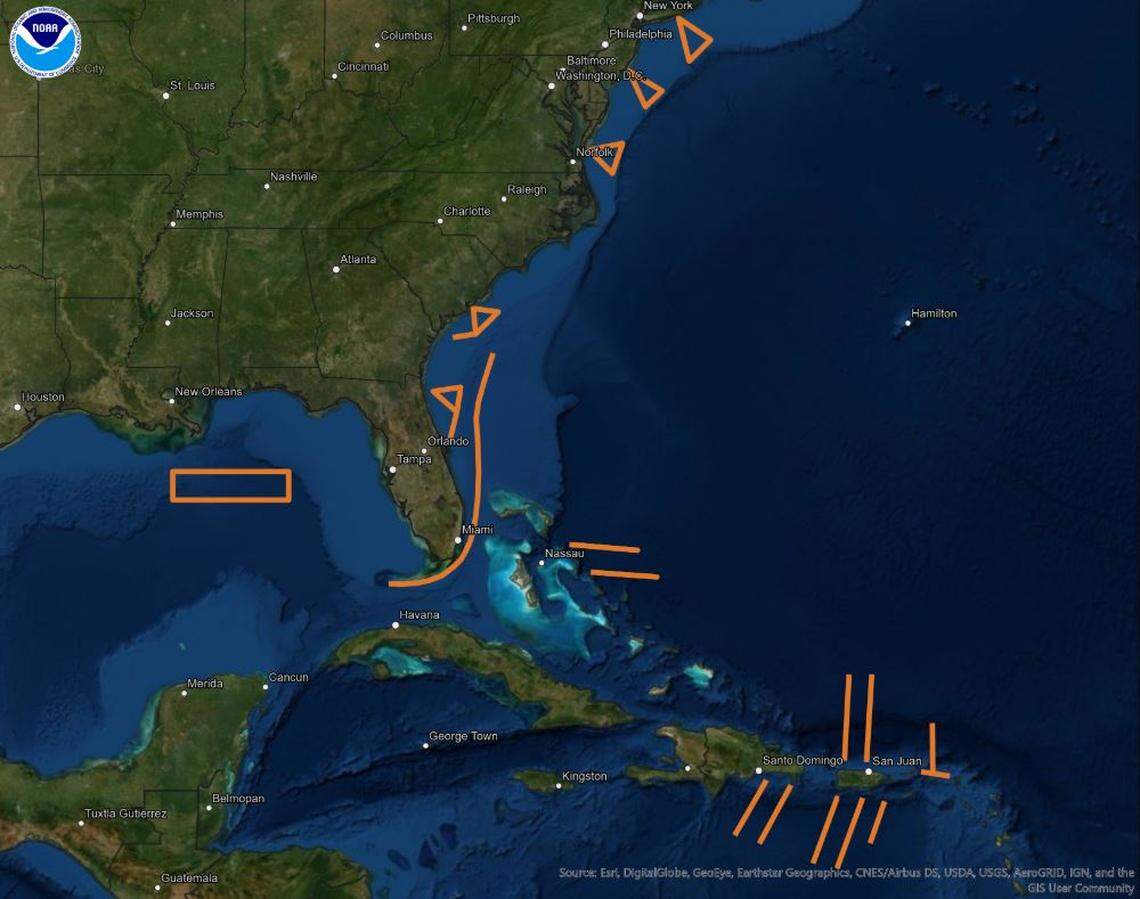 Orange lines show the paths where researchers plan to send the unmanned ocean gliders to collect data for hurricane forecasts, according to NOAA.