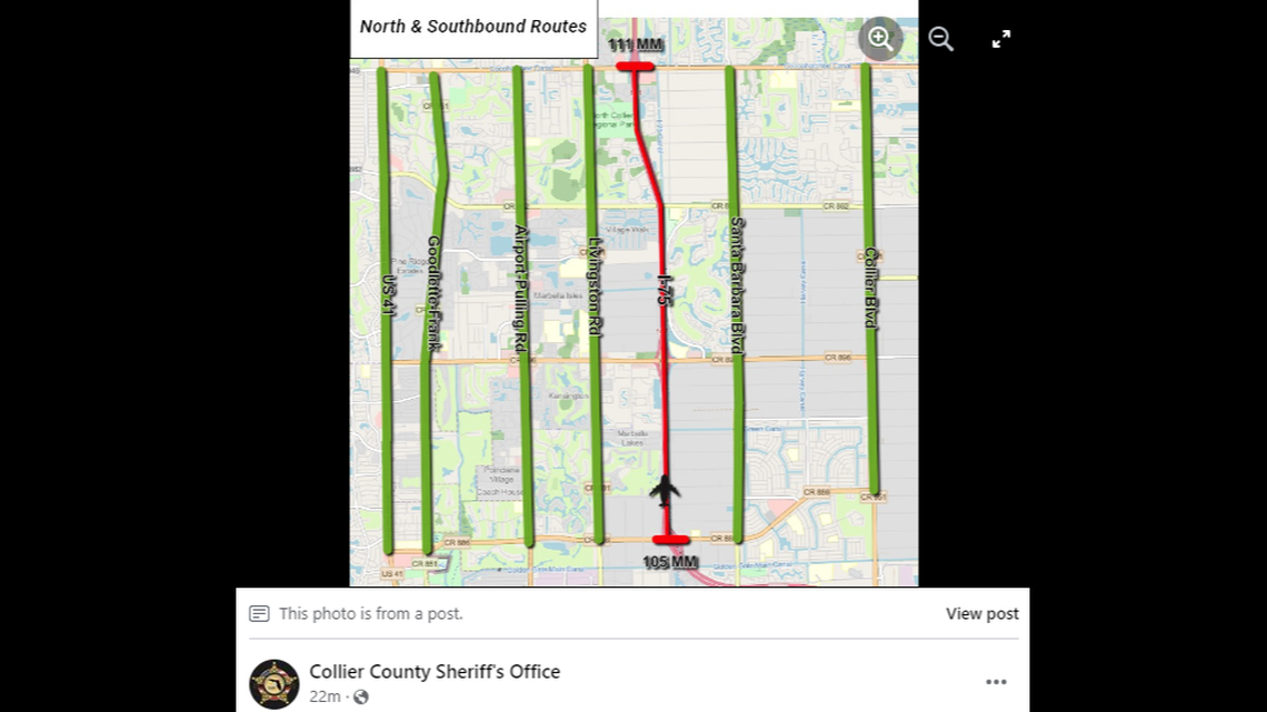 Fatalities confirmed in a small jet crash on Interstate 75 in Collier County, Florida. Southbound lanes closed.