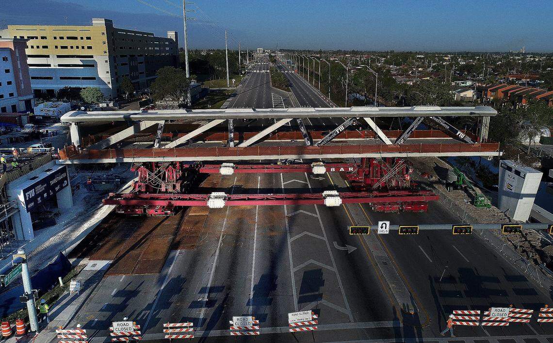 The uneven spacing of diagonal struts — braces that helped support the FIU bridge — was meant to line up with pipes that were to be added above.