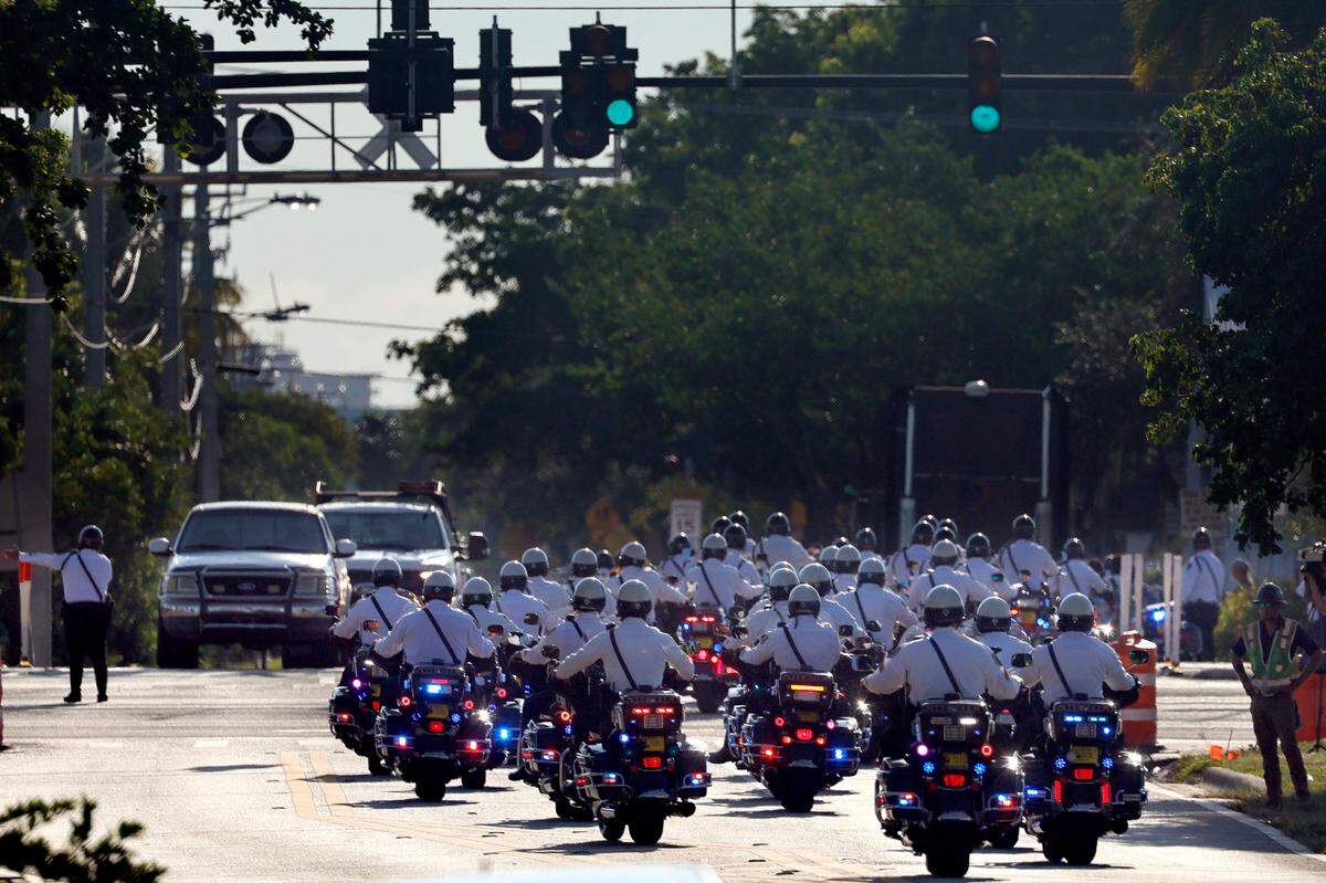 The funeral procession for Broward Sheriff Fire Rescue Battalion Chief Terryson Jackson leaves the L.C. Poitier Funeral Home in Pompano Beach on Friday, Sept. 8, 2023. Jackson died in a helicopter crash on Monday, Aug. 28, when he and two BSFR colleagues were returning to the airport after responding to an emergency call. (Amy Beth Bennett / South Florida Sun Sentinel)