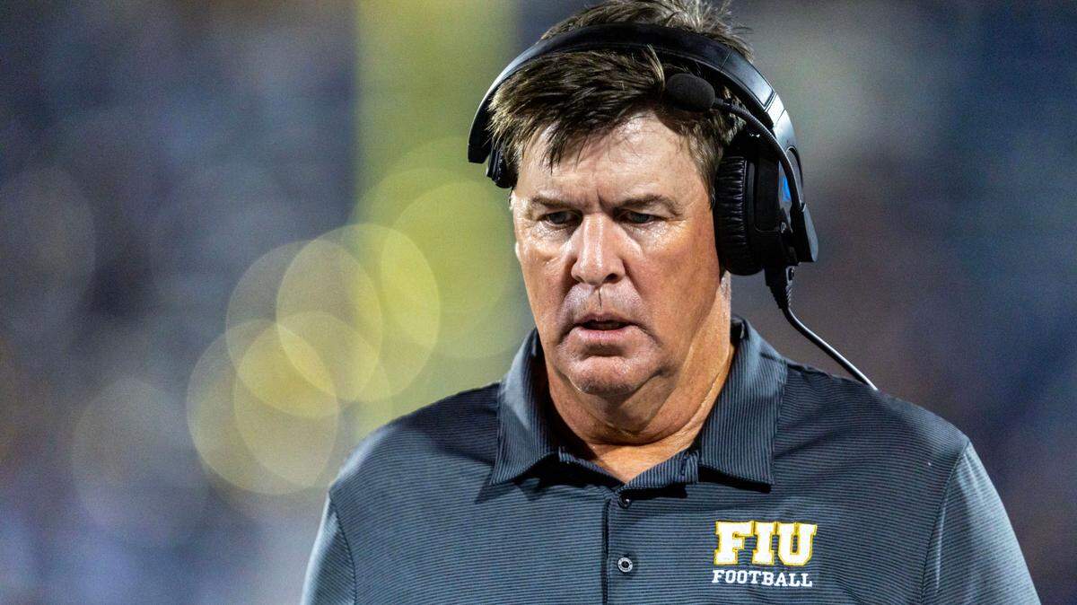 Florida International University head coach Mike MacIntyre reacts on the sideline during the first half of an NCAA Conference USA football game against Middle Tennessee at Riccardo Silva Stadium in Miami, Florida, on Saturday, November 26, 2022.