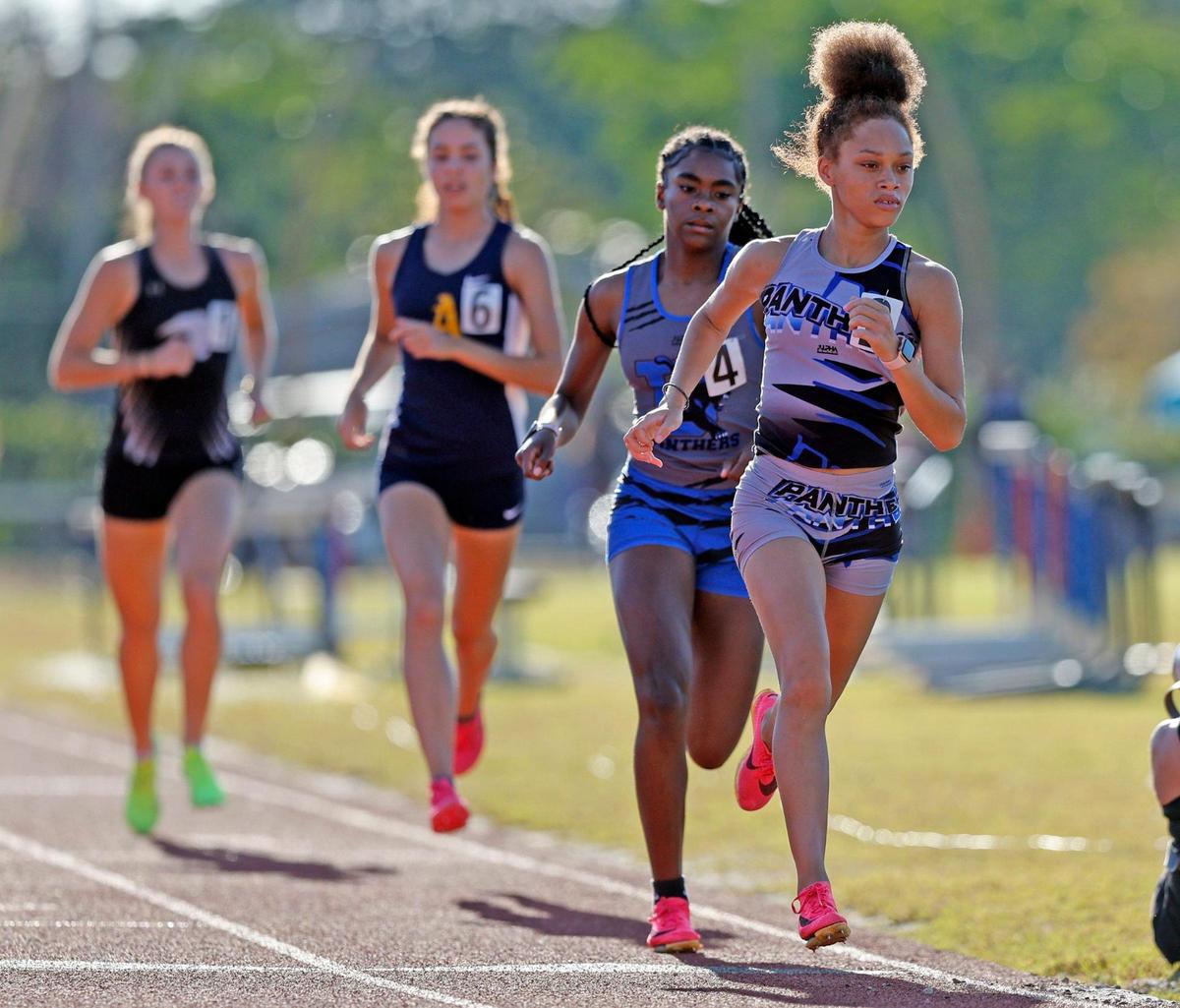 Dillard High’s Christina Coleman run’s the 1600 Meters race during the 2024 BCAA Track and Field Championship at Dillard High School in Fort Lauderdale, Florida on Friday, April 5, 2024.