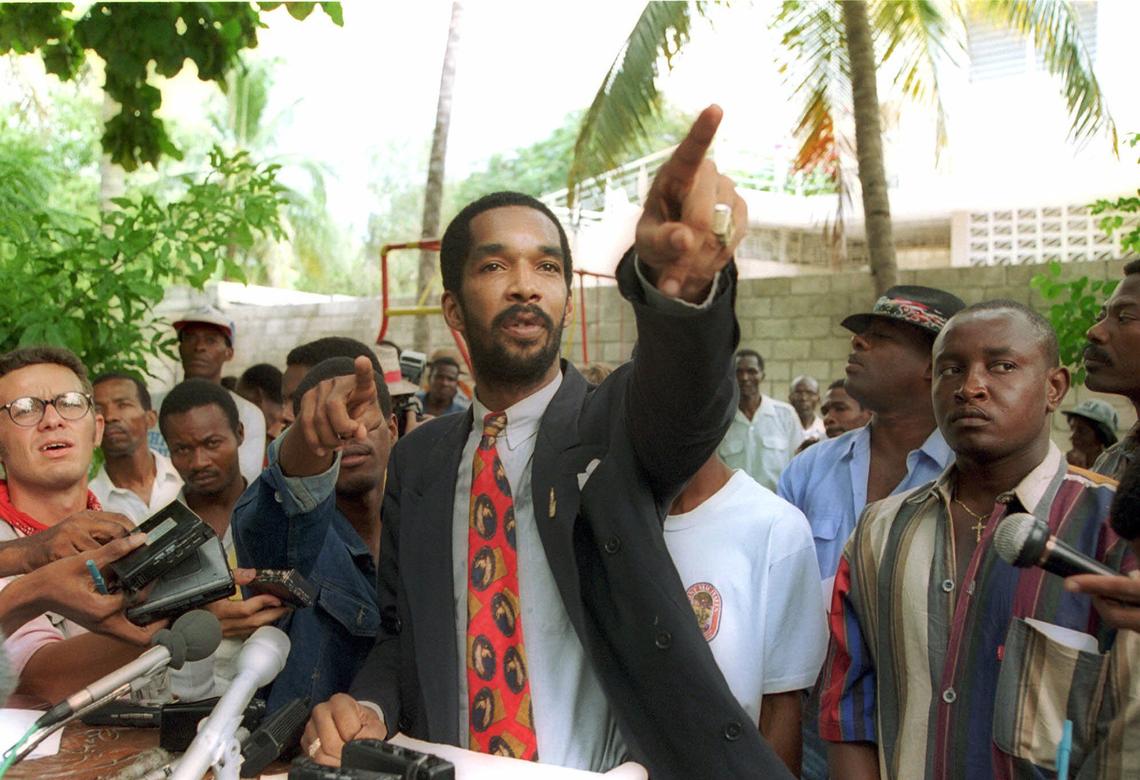 Emmanuel “Toto” Constant, a former strongman who once boasted that Vodou and the CIA shielded him from trouble, gestures during a press conference in Port-au-Prince, Haiti, in this Sept. 22, 1994, photo. A lawsuit brought by three Haitian immigrants in Manhattan federal court against Constant claimed he sanctioned systematic rape to silence dissents against a right-wing regime.