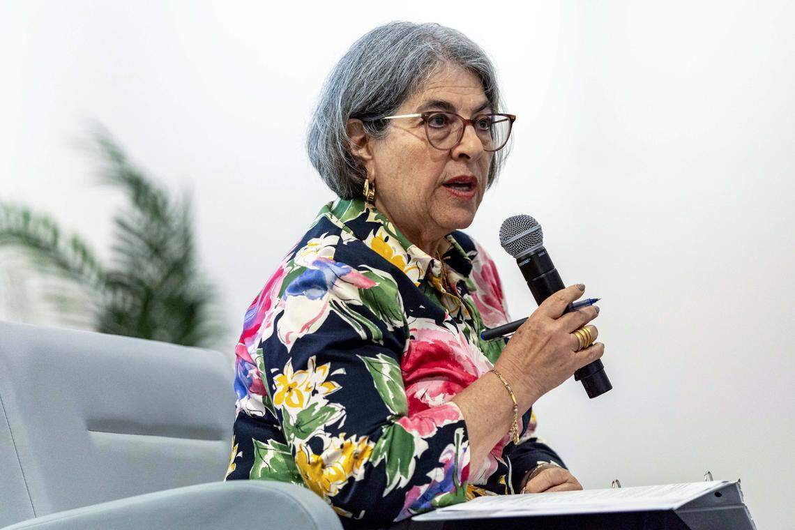 Mayor Daniella Levine Cava speaks to members of the public during a town hall to present the 2026 budget proposal at the Ava Parks McCabe Auditorium inside the Miami-Dade Main Library on Thursday, July 31, 2025, in Miami, Fla.