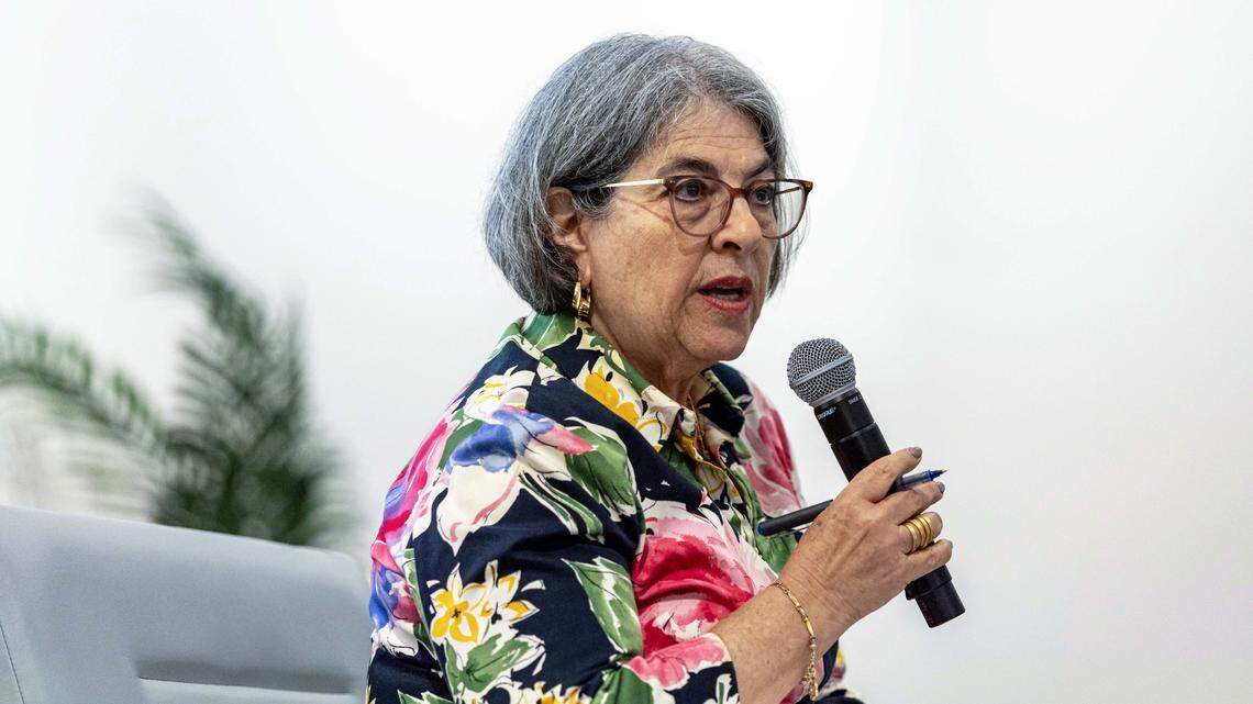 Mayor Daniella Levine Cava speaks to members of the public during a town hall to present the 2026 budget proposal at the Ava Parks McCabe Auditorium inside the Miami-Dade Main Library on Thursday, July 31, 2025, in Miami, Fla.